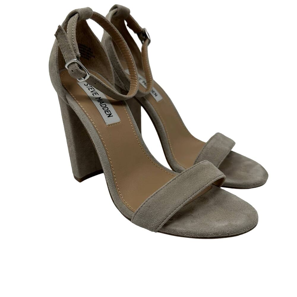 Steve Madden Women's Sz 8 Carrson Block Heeled Sandals Greige Suede Ankle Strap